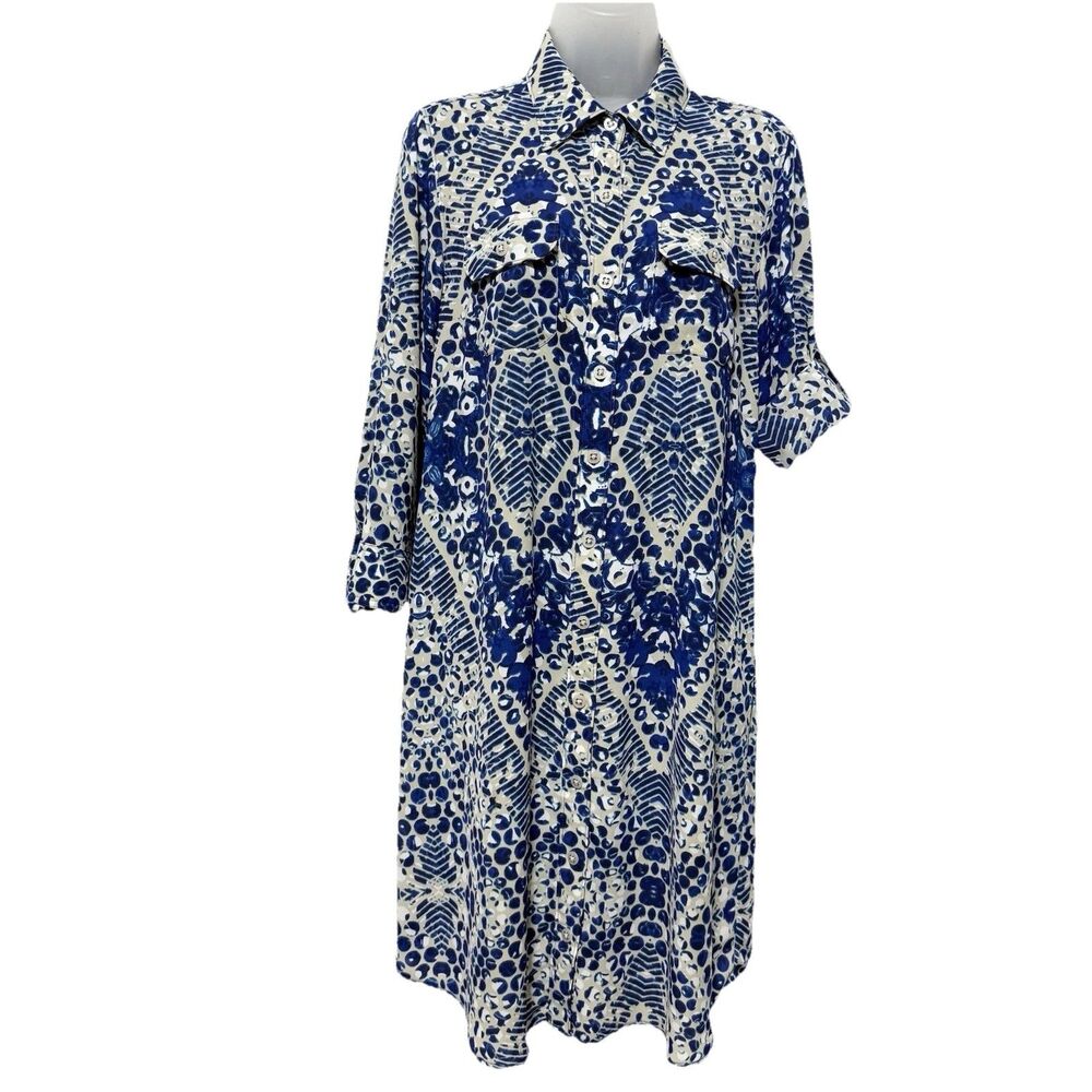 CAbi Blue White Abstract Print Shirt Dress Womens M Button Front Pockets